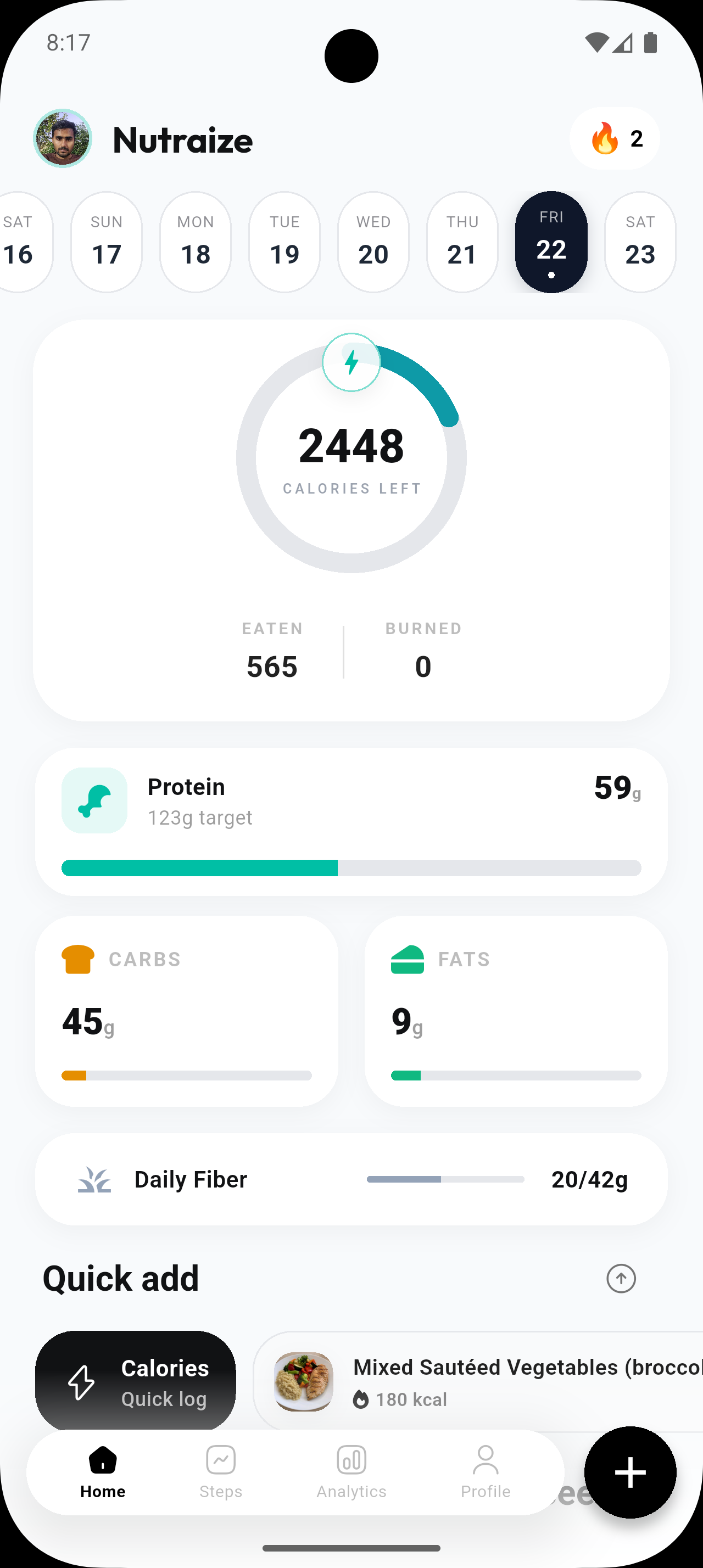 App Home dashboard and logging streak